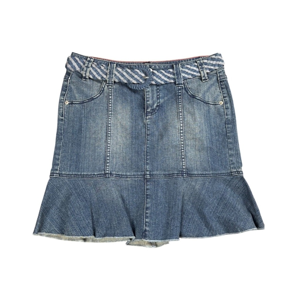 DKNY Jeans Flounce Ruffle Hem Mini Skirt Women 10P Denim Braided Belt Y2K Boho‎